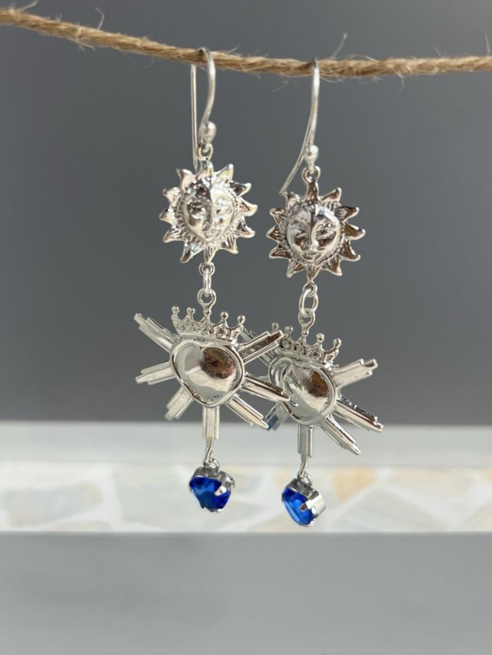 Handcrafted 925 Sterling Silver Sun and Crowned Heart Dangle Earrings